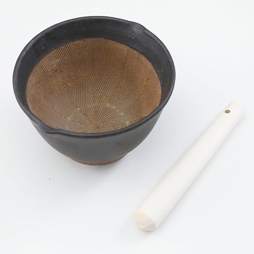 Asayu Japanese Ceramic Black Mortar Bowl with Wooden Pestle 6.3 in (160 mm), Made in Japan Dishwasher and Microwave Safe Ripple Ridge Suribachi and Sukirogi Set