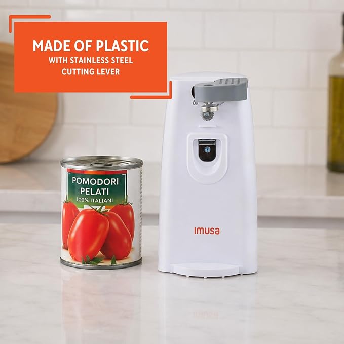 IMUSA White Electric Can Opener with Knife Sharpener & Bottle Opener