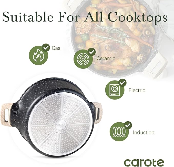 CAROTE Nonstick Stock Pot with Lid, 6 Quart Black Granite Casserole | Kitchen Cooker Compatible with All Stoves, Dishwasher Safe, Cookware for Boiling, Simmer, PFOA Free