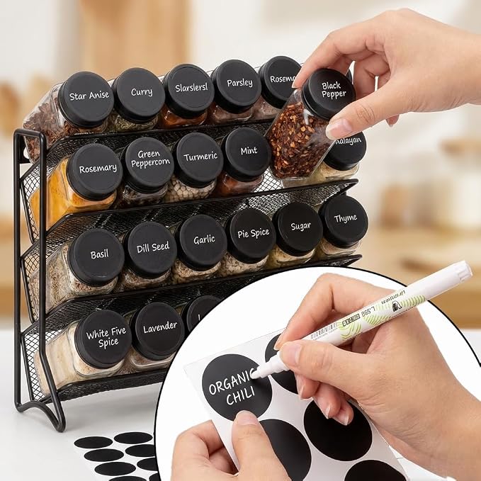 DIDITIME Spice Rack Organizer with 24 Glass Jars and 60 Labels, 4-Tier Seasoning Organizer for Cabinet, Countertop, Pantry or Wall Mount, Rust-Resistant Carbon Steel Spice Jar Set with Marker