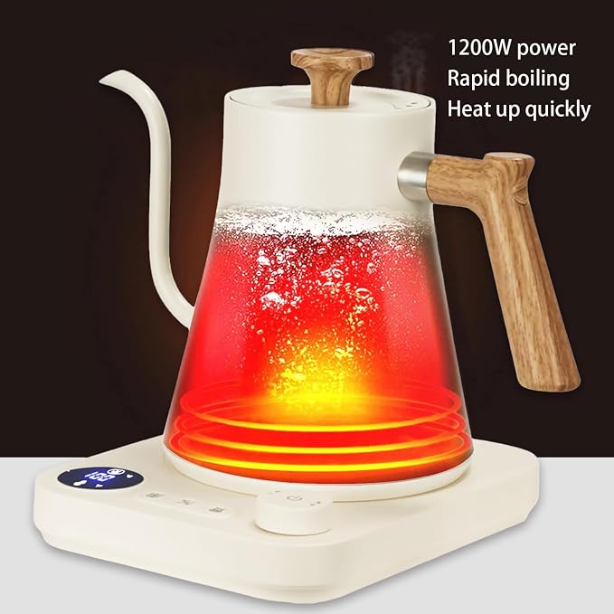 Gooseneck Electric Kettle, White, 0.9L | ±1℉ Temperature Control, 304 Stainless Steel, Ultra-Quiet, Auto Boil Detection, 8 Safety Protections & Memory Function