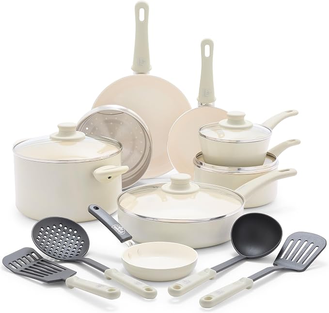 GreenLife 16 Piece Ceramic Nonstick Pots & Pans Cookware Set, Cream | PFAS-Free Nonstick Coating, Stockpot, Frying Pans, Saucepans, Sauté Pan, Stay-Cool Handles, Dishwasher & Oven Safe up to 350F