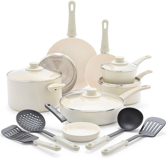GreenLife 16 Piece Ceramic Nonstick Pots & Pans Cookware Set, Cream | PFAS-Free Nonstick Coating, Stockpot, Frying Pans, Saucepans, Sauté Pan, Stay-Cool Handles, Dishwasher & Oven Safe up to 350F