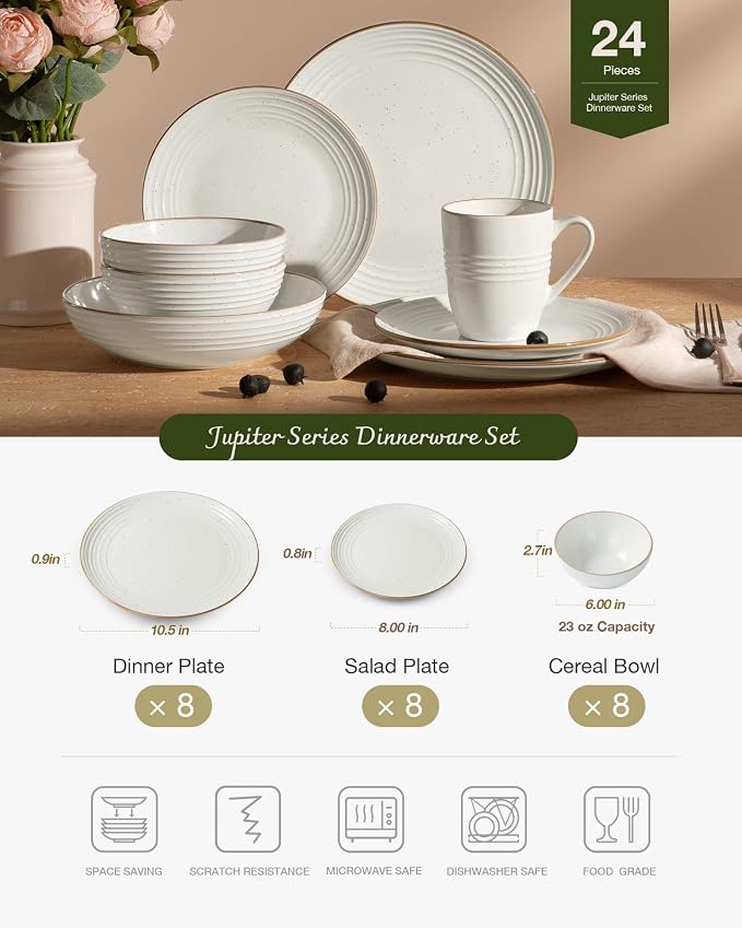 Famiware Jupiter Stoneware Dinnerware Sets for 8, Rimmed Plates and Bowls | 24-Piece Ceramic Speckled Dish Set, Chip & Scratch Resistant, Microwave & Dishwasher Safe, Rustic Modern Style, Neutral White