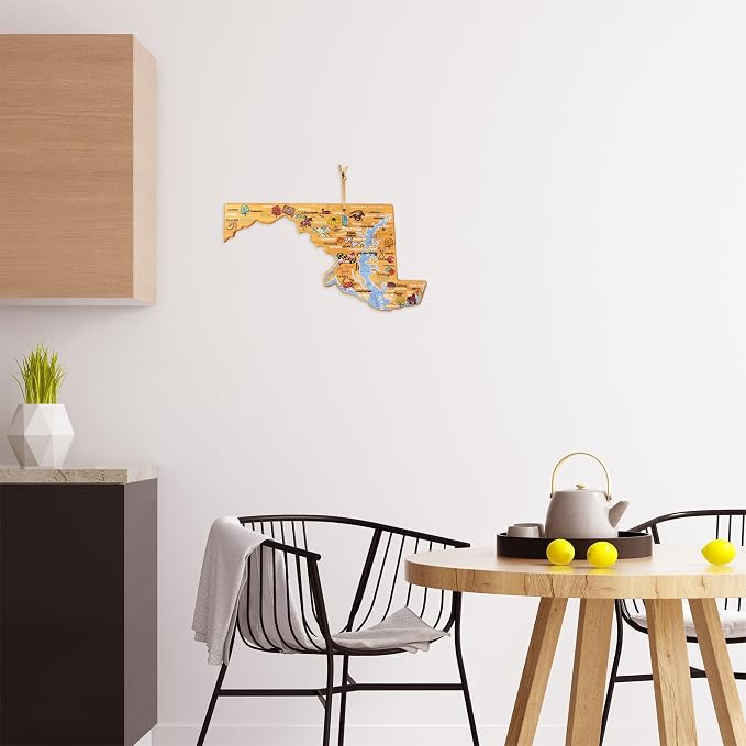 Totally Bamboo Maryland State Shaped Cutting Board, Art by Fish Kiss | State charcuterie board with colorful hand-drawn map artwork. Smooth reverse side for food prep. Hang tie for wall display.