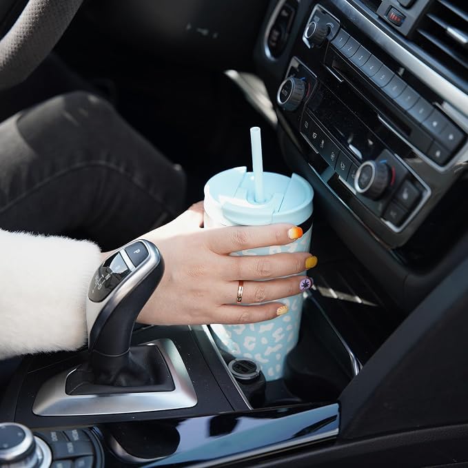 BJPKPK 34oz Coffee Tumbler with Straw, Insulated Stainless Steel Cup | Double Wall Vacuum, Leak Proof Lid, Keeps Hot/Cold/Iced, BPA Free, Travel & Outdoor, Light Blue Leopard