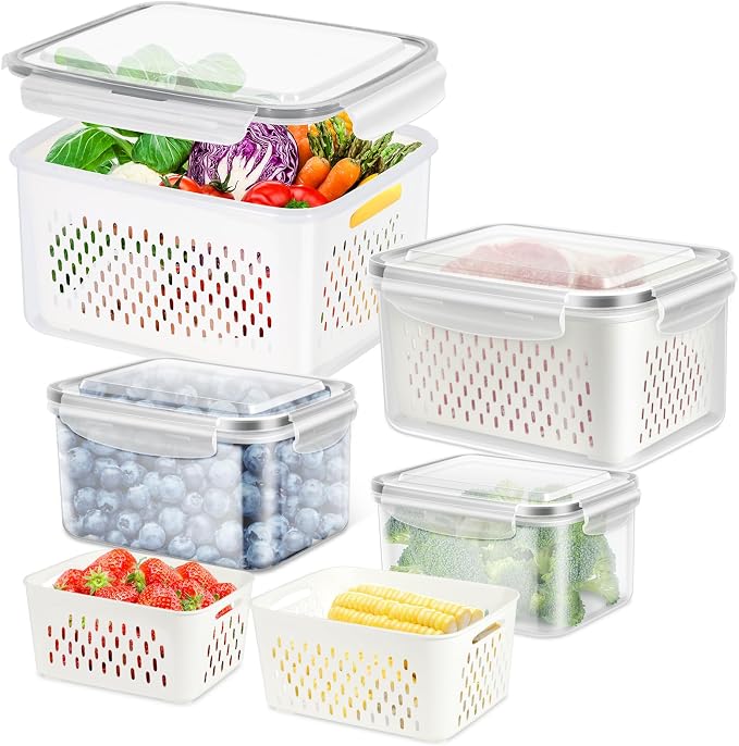 8 Pieces Fruit Storage Container for Fridge with Removable Colander | 4Pack Plastic Fruit Containers for Fridge, Container for Fruit Berry Salad Lettuce, BPA Free Kitchen Refrigerator Organizers