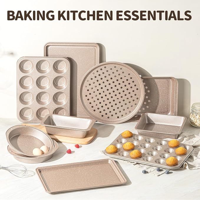 Terlulu 10-Piece Baking Pans Set, Bakeware Sets Nonstick, Baking Set for Oven Cooking, Stackable Carbon Steel Pans Include Cookie Sheets, Muffin Pan, Cake Pan, Pizza Pan, Loaf Pan, Roasting Pan, Gold