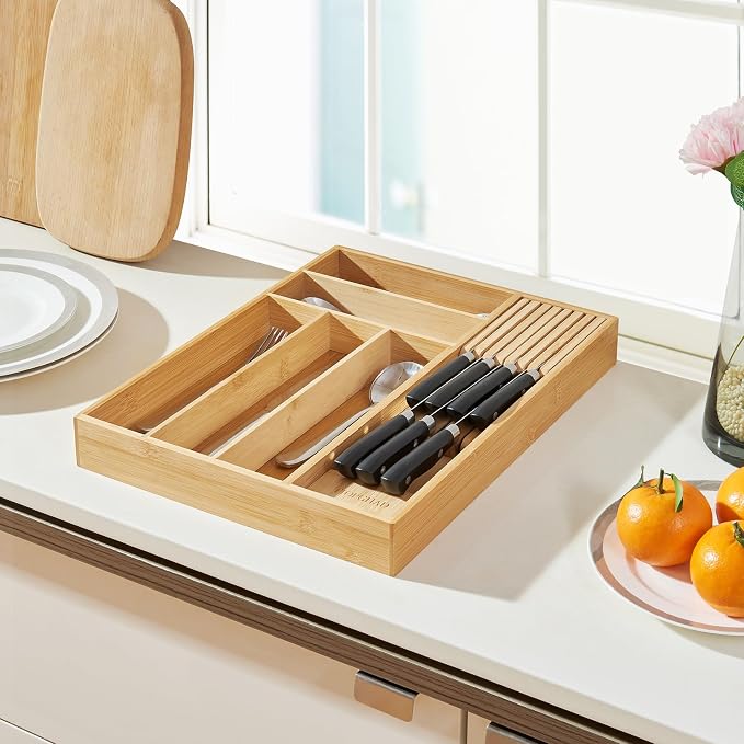 Small Bamboo Silverware Organizer Kitchen Utensil Tray, Natural | Removable Knife Block, Holds 7 Knives, Adjustable Dividers, 15.6 x 12 x 1.8 in, Drawer Insert for Utensils, Forks