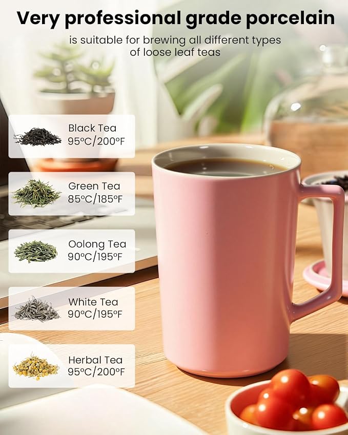 15 OZ Porcelain Tea Infuser Cup with Lid,Ceramic Tea Mug with All-Porcelain Strainer for Loose Leaf Teas,Microwave and Dishwasher Safe Tea Mug,Metal-Free,BPA-Free for Tea-Lover/Birthday Day(Pink)