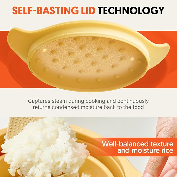 100% Platinum Silicone Low Carb Rice Cooker, 2-3 Cups Uncooked Rice, Microwave Rice Cooker with Steamer Tray, Self-Basting Lid for Everyday Meals, Cream White