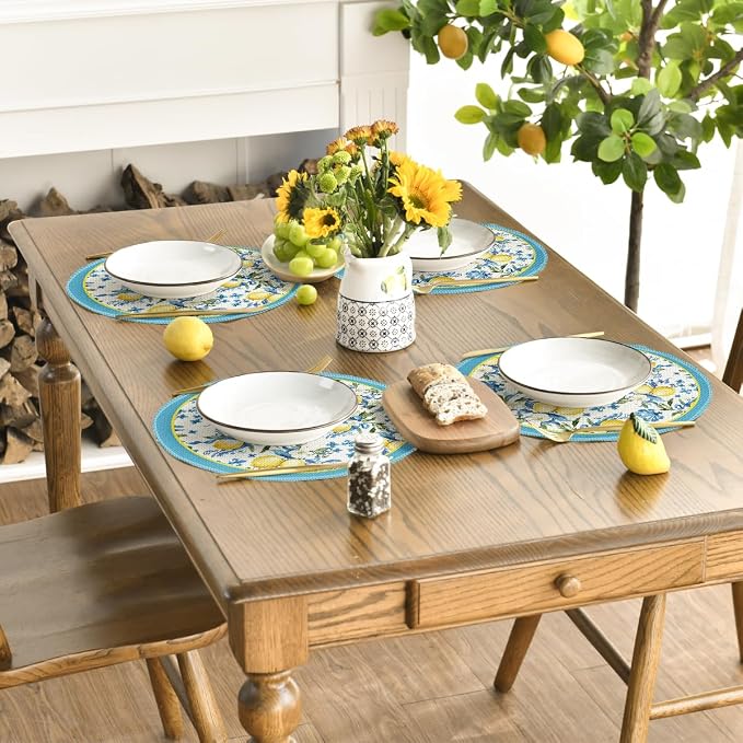 Artoid Mode Blue Lemon Iris Round Summer Placemats Set of 4, 14 Inch Spring Round Table Mats for Dining Decoration
