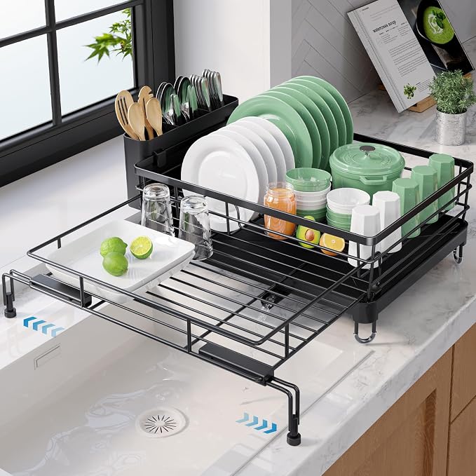 Kitsure Adjustable Dish Drying Rack, 15.6''-25.2''L × 16.9''W, Black | Large Dish Drying Rack, Rust-Resistant Dish Racks for Kitchen Counter, With Adjustable Support Legs, Cutlery Holder