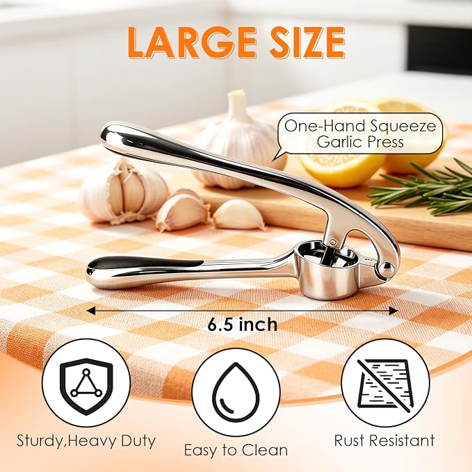 Kitchen Garlic Press Set, Rust Proof Garlic Mincer Tool with Silicone Garlic Peeler and Brush