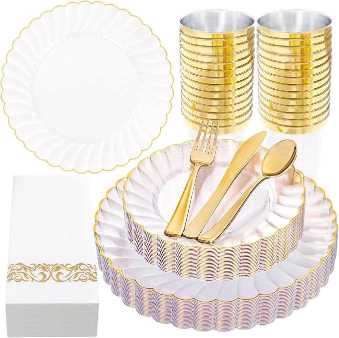 YOUBET 175PCS Clear and Gold Scalloped Plastic Plates for Party Wedding | Clear and Gold Disposable Dinnerware Set Include 50 Plates, 75 Gold Silverware, 25 Cups, 25 Napkins