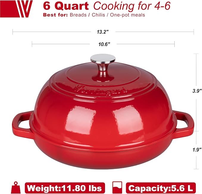 Enameled Cast Iron Dutch Oven Pot with Lid, Bread Oven for Sourdough Bread Baking, Dutch Ovens with Bread Proofing Basket& Baking Supplies Set, 6 Quart, Red
