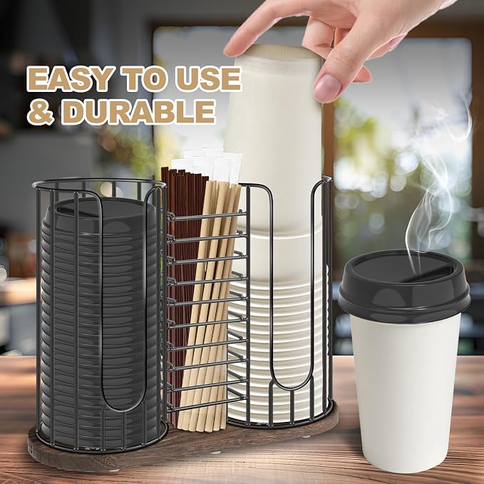 3-Compartment 18oz Coffee Cup Dispenser Rack with Wood Base, Disposable Cup, and Lid Organizer for Countertop - Perfect for Paper Cups, Straws, and Kitchen Cabinet Storage