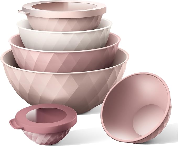 COOK WITH COLOR Mixing Bowls with Lids - 12 Piece Plastic Nesting Bowls Set includes 6 Prep Bowls and 6 Lids, Microwave Safe Mixing Bowl Set, Pink Diamond