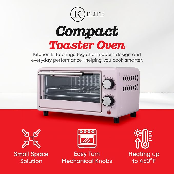 Kitchen Elite 4-Slice Countertop Toaster Oven, Stainless Steel Tray, Pink