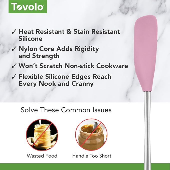 Tovolo Jar Spatula Silicone Long Stainless Steel Handle Scraper Spatula Pink Sorbet, Jar Scraper Heat Resistant Dishwasher Safe BPA Free Kitchen Utensil for Scraping Spreading Jelly Peanut Butter