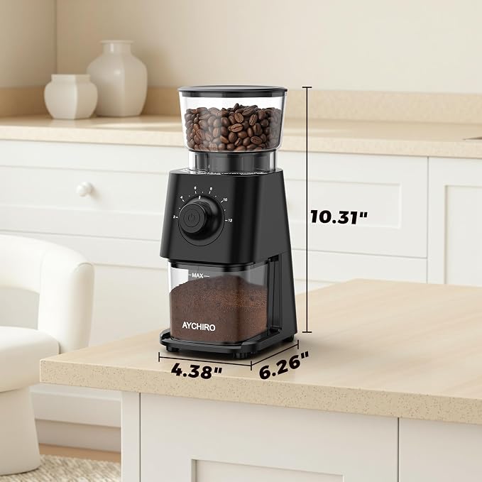 AYCHIRO Coffee Grinder Electric, Coffee Beans Grinder for Home Use with 30 Grind Settings - 12 Cups Capacity for Espresso, Drip & Americano, Black
