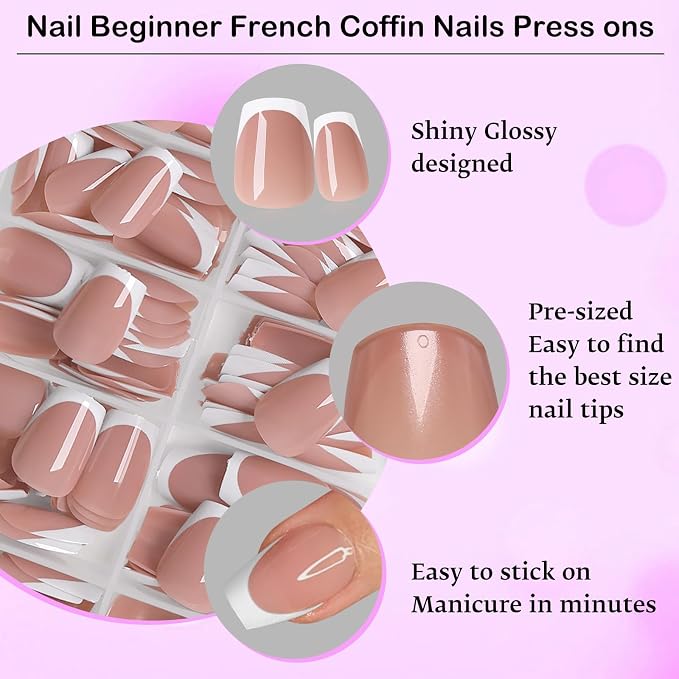 240pc White French Tip Press on Nails Short Coffin Acrylic Nail, Coffee Press ons Fake Nails with Glue, 12 Sizes Glue on Nails Extra Short Press on Nail Coffin Artificial Stick on Nail for Women