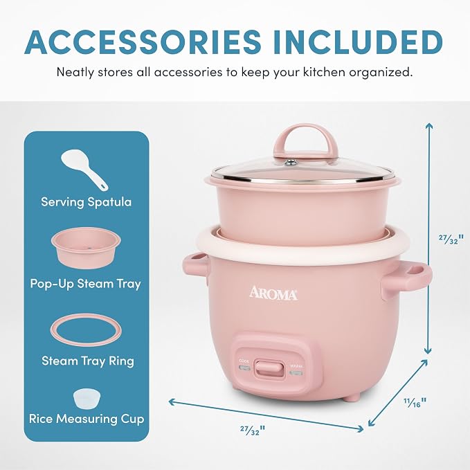 AROMA CoreCoat™ Mini Rice Cooker (3 Cups Cooked) with Nonstick Ceramic Pot Coating, Glass Lid, and Pop-Up Steamer Tray, 0.8 Quart