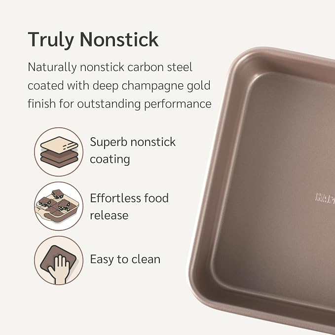 9 x 9 inch Square Baking Pan Nonstick, PFOA & BPA Free | | Non-Toxic - High Carbon Steel - Gold - Cake & Brownie Mold