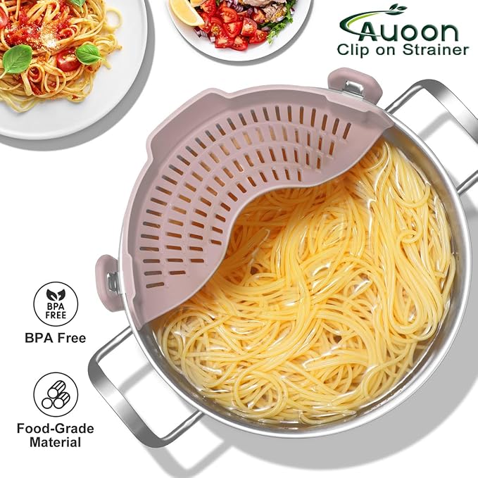 AUOON Pot Strainer Clip on Silicone, Large 10.45 x 4.33 in, Almond Rose | Fits Pots Pans Bowls, Dishwasher Safe, for Pasta Noodles Vegetable Fruits, Space-saving Kitchen Gadget
