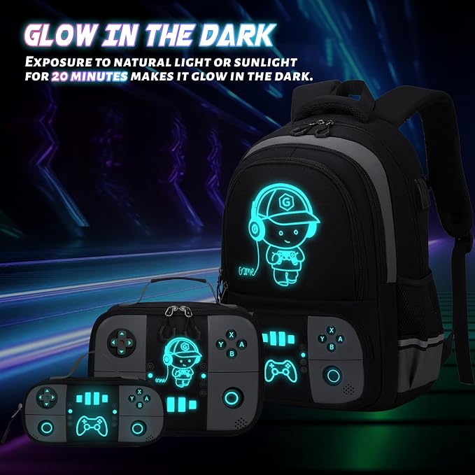 Backpack for School Boys, Cool Luminous Gamer Boys Schoolbag | with Lunch Box & Pencil Case Set for Kids Teens Elementary Middle School, Bookbag Glow In The Dark