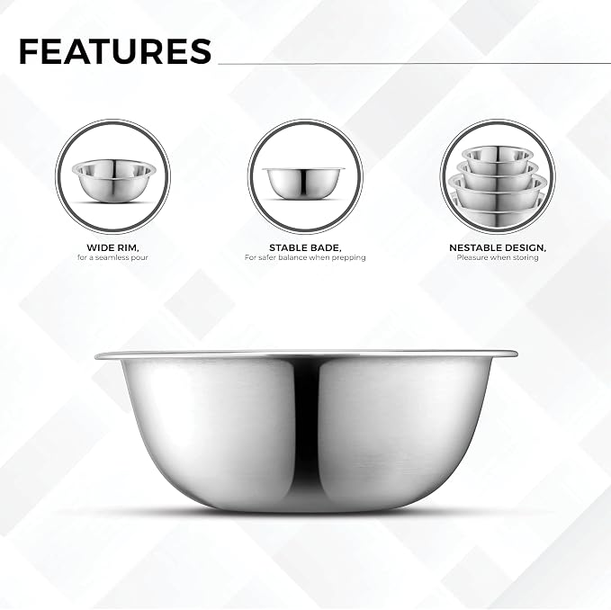 Set of 6 Premium Stainless Steel Mixing Bowls Set, Easy To Clean, Space Saving Nestable Design, Great for Cooking, Baking, Prepping (0.75qt, 1.5qt, 3qt, 4qt, 5qt, 8qt)