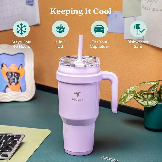 REDUCE 40 oz Stainless Steel Tumbler with Handle - Dual-Wall Vacuum Insulated Travel Mug, Sweat-Proof Lid & Reusable Straw - Keeps Drinks Cold for 24 Hrs, Fits Cupholders, Dishwasher Safe - Dark Web