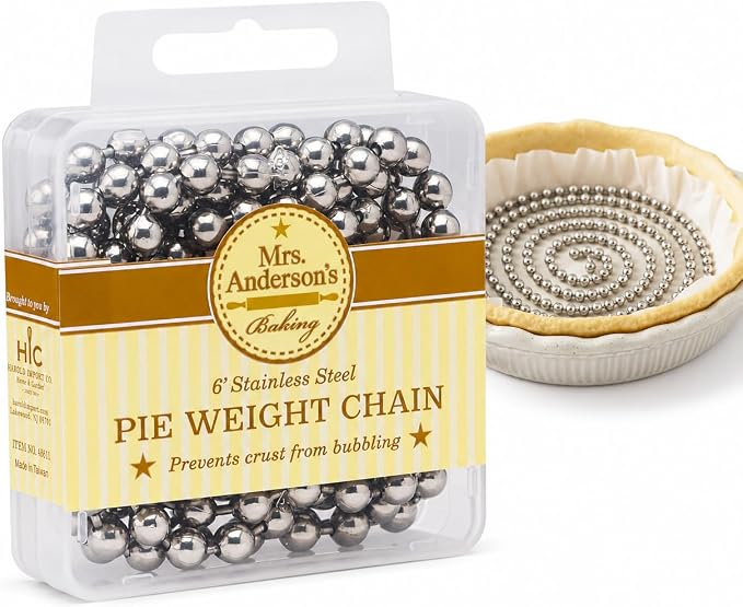 Mrs. Anderson's Baking Pie Weights | Stainless Steel Stoneware Beads for Blind Baking | Heat-Safe, Food-Safe, Easy to Use | Prevents Shrinking, Puffing, Bubbling | Connected Chain Weights