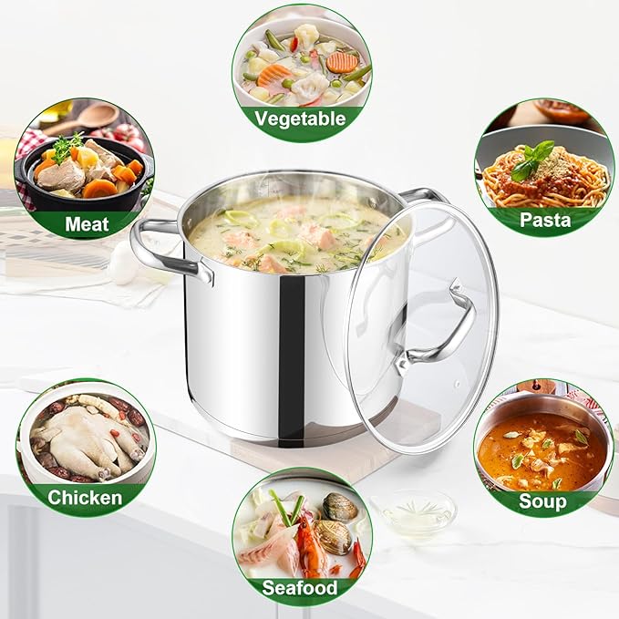 TeamFar 10QT Stock Pot, Stainless Steel Large Soup Cooking Pot & Lid | Tri-ply Bottom for Cooking/Boiling/Stewing, Induction/Gas/Ceramic, Healthy & Heavy-Duty, Riveted Handles & Dishwasher Safe