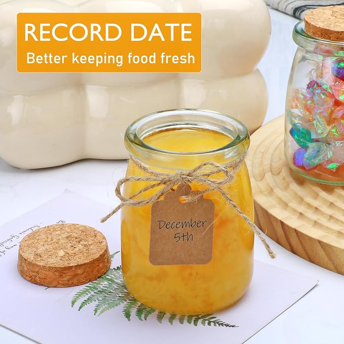 Yogurt Containers with Cork Lids 6 pcs,7 oz Glass Jars with Lids | Pudding Containers with Lids, Mason Jar Wedding Favors Honey Pot with Label Tags and String for baby Shower Party Favors