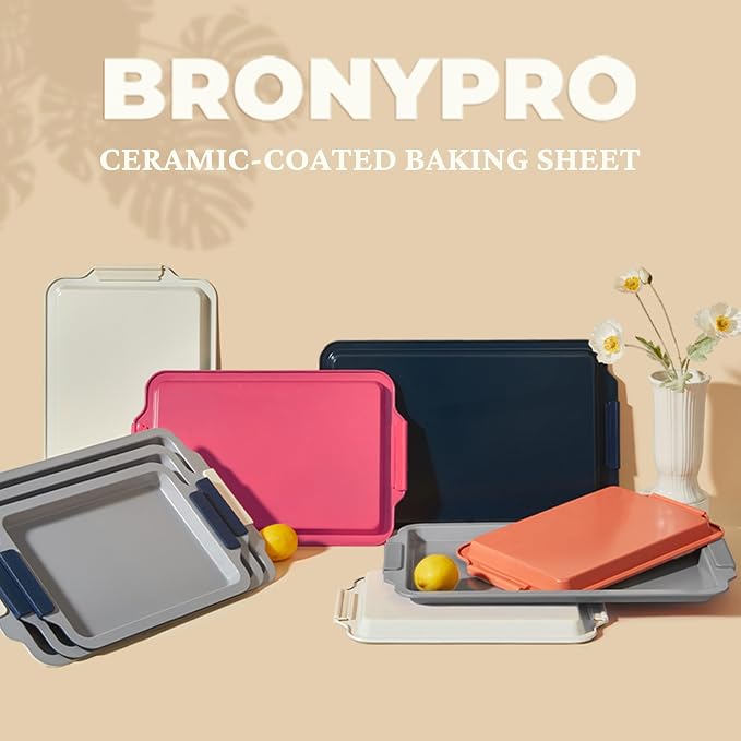 BRONYPRO Non Stick Ceramic Baking Sheet Pan Set of 3, Non Toxic Cookie Sheets (PFOA/PTFE Free), Aluminized Steel Oven Trays with Silicone Handles, Rust-Resistant, Warp-Resistant to 500°F, Blue Gray