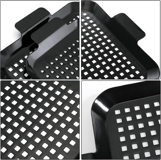 Covzoe 2 Pack Grill Pans, Nonstick Grill Topper for Outdoor Grill, BBQ Grilling Baskets with Perforated Bottom, Heavy Duty Carbon Steel Grill Grid for Cooking Camping, 16.5" x 10" and 13" x 7.4"