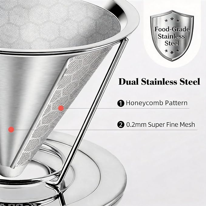 Reusable Stainless Steel Pour Over Coffee Dripper, Paperless V60 Filter | 800 mesh fine layer, 304 food-grade metal, eco budget friendly, fits Chemex & mugs, ideal for home, office & camping, 1-4 cup