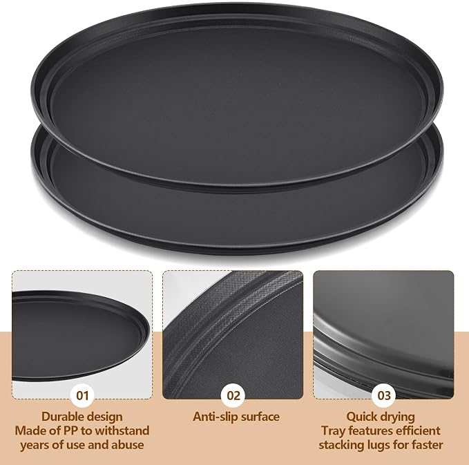 FillTouch 2 Pcs Restaurant Serving Trays PP Plastic Non Slip Rubber Lined Large Oval Tray for Kitchen Dining Room Cafeterias Fast Food Service (25 x 20 Inch,Black)