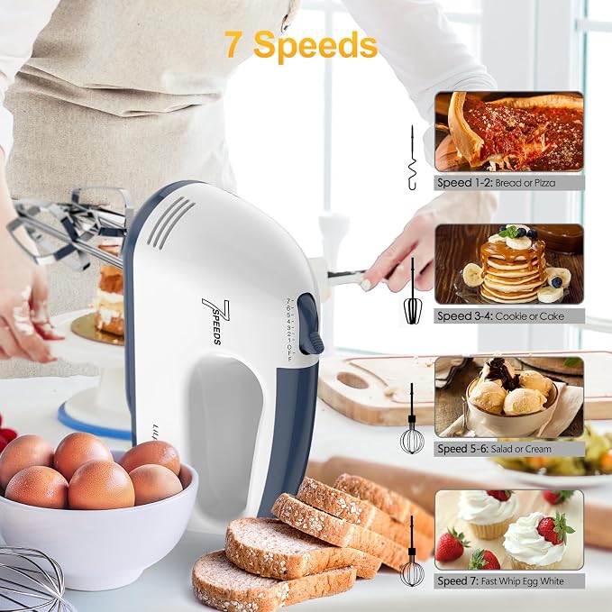 LILPARTNER Electric Hand Mixer with Storage Box, Ultra Power Kitchen Hand Mixer With 7-Speed & 5 Stainless Steel Accessories for Whipping Dough, Cream, Cake, Dishwasher Safe, WHITE BOX
