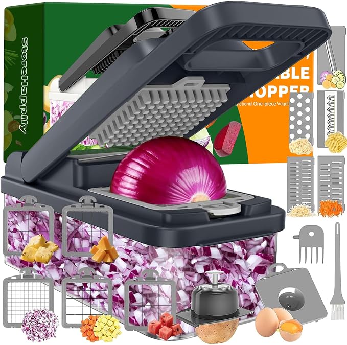 15-in-1 Vegetable Chopper 10 Blades, Veggie Cutter with Handle, Grey | Stainless Steel Blades, Food Container and Lid, Dicer, Slicer, Julienne, Egg Separator, Non-slip Base, Include Cleaning Tools