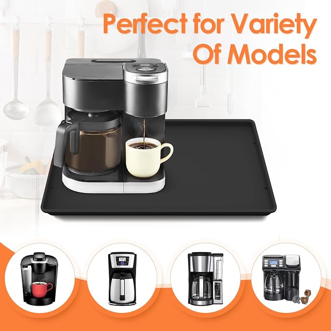 Silicone Coffee Maker Mat with Lip for Countertops, 19.7'' x 15'', Black | Multi leak-proof coffee tray for countertop, non-slip silicone tray for under coffee machine espresso accessory, wipe-clean