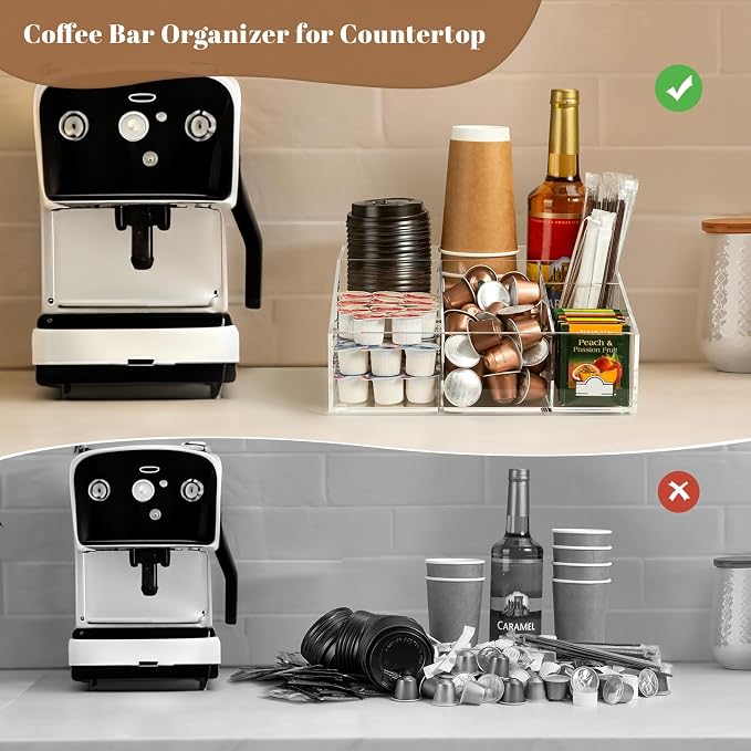 BEYGORM Acrylic Coffee Bar Station Organizer for Countertop | Coffee Gift for Coffee Lovers, Office Breakroom Storage Holder for Kcup Pod, Condiment, Cup, Tea, Creamer, Syrup (Clear)