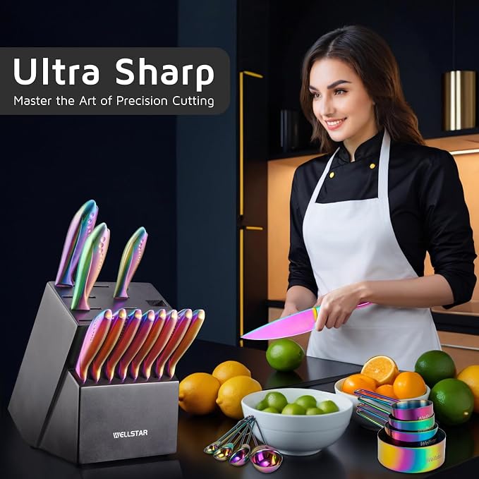 Rainbow Knife Block Set 27-Piece, Iridescent German Stainless Steel Kitchen Knives Set with Wooden Holder, Colorful Titanium Coating, Include Scissors and 2-Stage Built-in Sharpener and 8pcs Gadgets