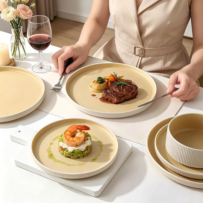 18PCS Ceramic Dinnerware Set for 4,Stoneware Plates and Bowls Sets | Reactive Glaze Dish Set,Scratch Resistant Tableware Set,Reactive Glaze,Microwave & Dishwasher Safe,White Orange