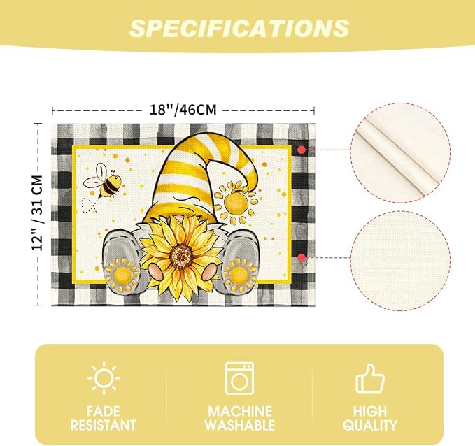 Artoid Mode Buffalo Plaid Gnome Bee Sunflower Summer Placemats Set of 4, 12x18 Inch Seasonal Spring Table Mats for Party Kitchen Dining Decoration