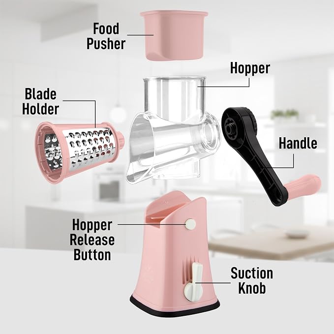 Zulay Kitchen Rotary Cheese Grater 5 Blade Cheese Shredder - Manual Hand Crank Cheese Grater With Reinforced Suction & 5 Interchangeable Drums - Easy to Use, Vegetable Chopper Round Mandoline Slicer