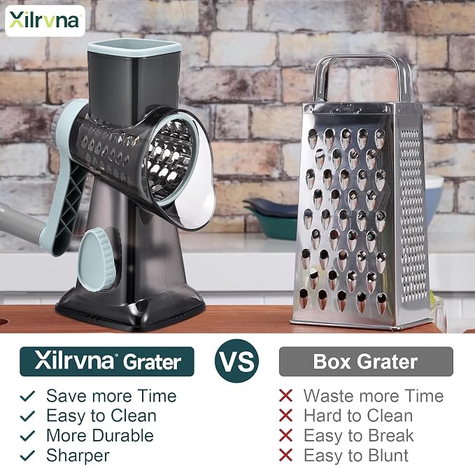 Rotary Cheese Grater with Handle Kitchen Shredder Slicer Grater Slicer Ice Shaver Cheese Vegetable Nuts Potato Zucchini Chocolate 3 Interchangeable Blades (GreyBlue