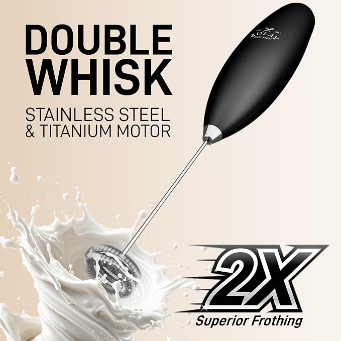 Zulay Kitchen Powerful Milk Frother Wand With Duracell Batteries - Ultra Fast Handheld Drink Mixer - Electric Whisk Foam Maker for Coffee, Lattes, Cappuccino & Matcha - Double Whisk - Royal Black