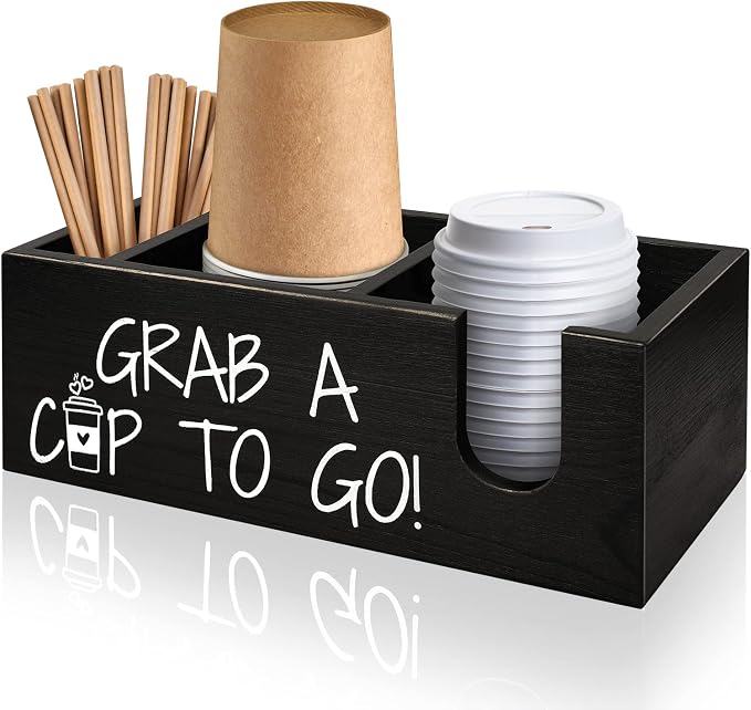 Coffee Station Organizer for Cup and lid | Black Finsh Disposable Cup Holder for Countertop | Farmhouse Coffee Bar Accessories | Wooden Desk Storage Box